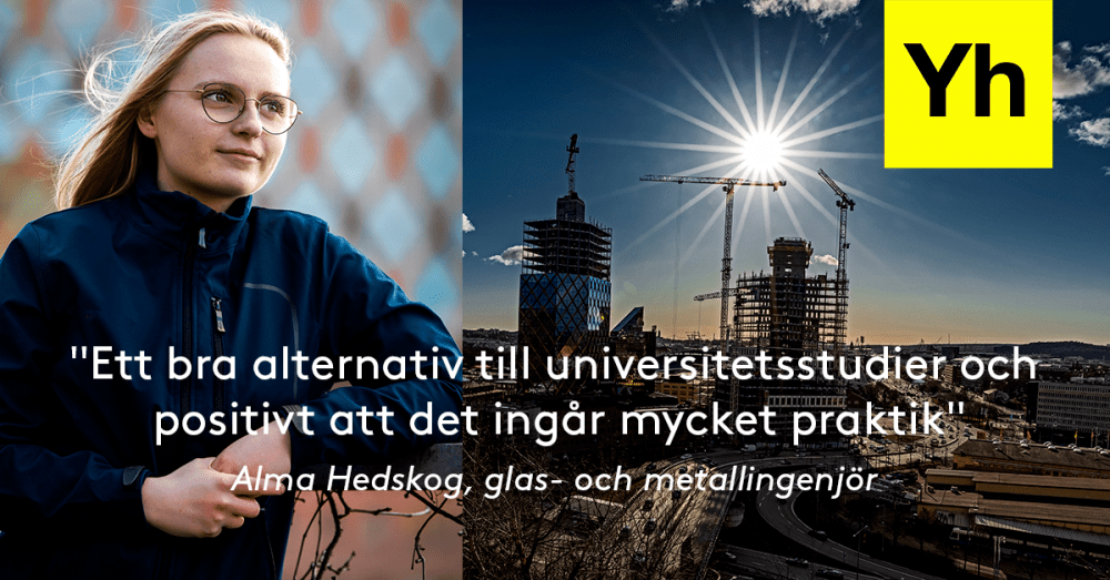 Alma Hedskog, glas- och metallingenjör framför byggnader i Göteborg