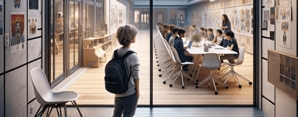 En pojke tittar in till ett klassrum genom en glasvägg