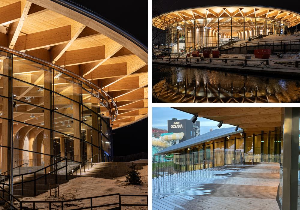 tre bilder på fasaden av world of volvo_stora glaspartier