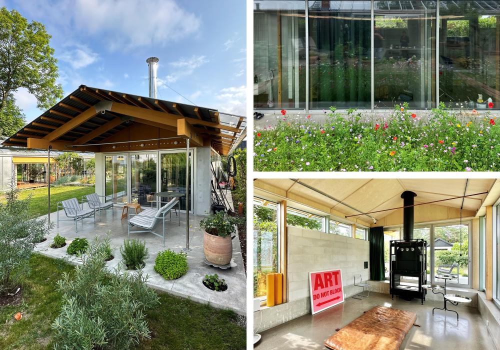 Bilder som visar ett hus med stora fönsterpartier