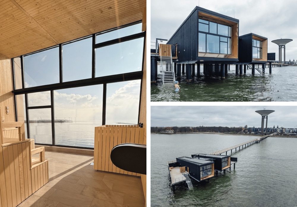 Tre bilder som visar kallbadhusets glasfasad