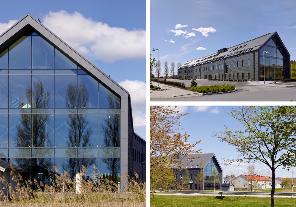 Tre bilder på fasaden av Kolla Kontor