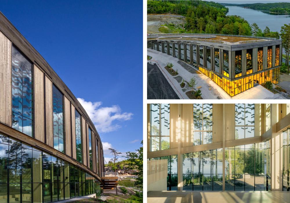 Tre bilder av glasfasaden på Lakehouse