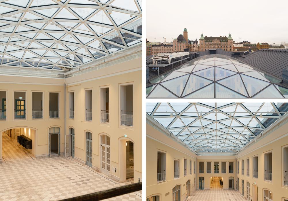 Tre bilder på taket av glas i Börshuset