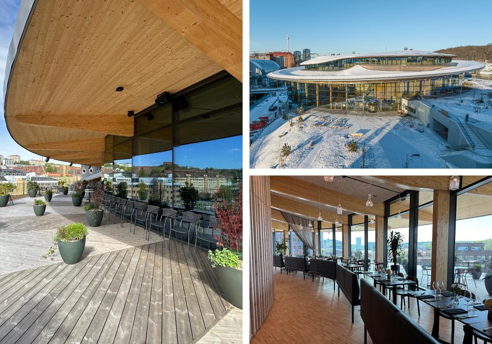 tre bilder som visar glasfasaden 