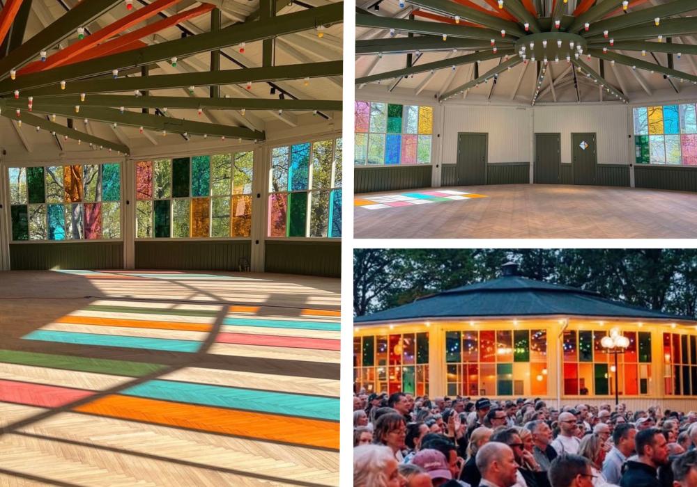 tre bilder som visar fönstren på Rotundan