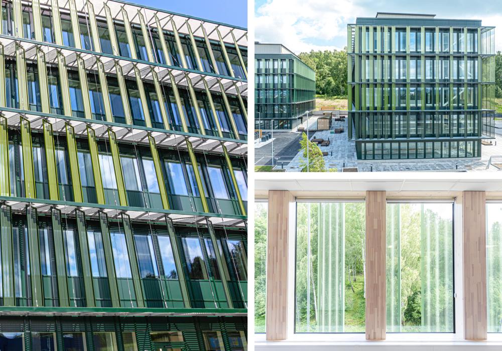 Tre bilder som visar fasad och fönster på vy57