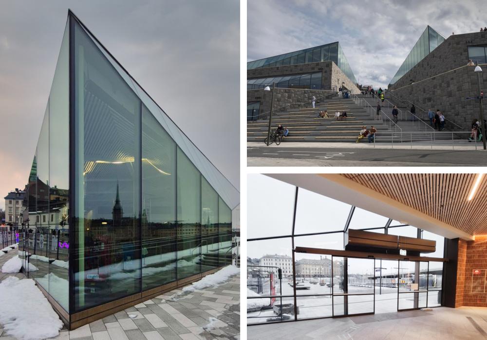 Tre bilder som visar glasfasaden på Mälarterassen