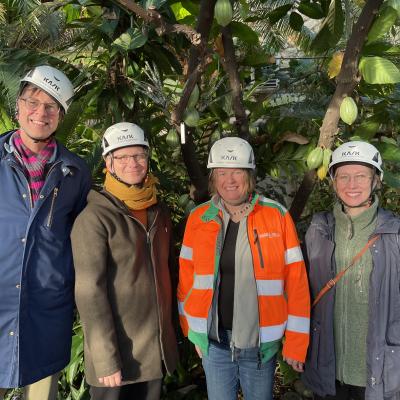 Framför kakaoträdet står från vänster Oskar Storm (Saint-Gobain), Rickard Nygren (White Arkitekter), Christina Stålhandske (Ragn-Sells) och Karin Wannerberg (Ragn-Sells) som leder projektet. I bakgrunden syns kottepalmen.