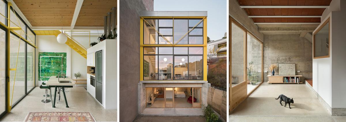 Tre bilder som visar ett glashus med gula profiler i Barcelona