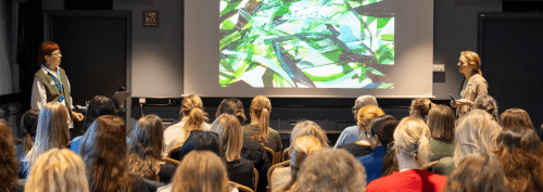 Samling av kvinnor i glasbranschen sitter ned för att lyssna på föredrag