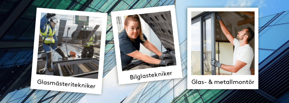 Tre bilder på studenter vid olika glasutbildningar