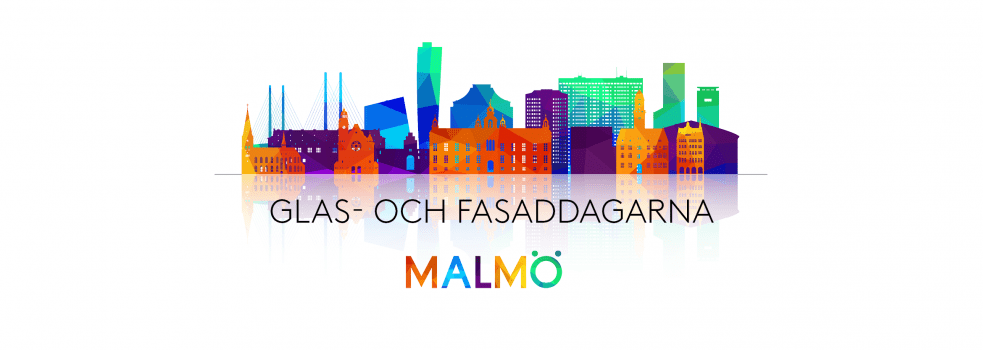 Färgglad illustration av Malmös skyline med texten "Glas- och fasaddagarna Malmö" framför 