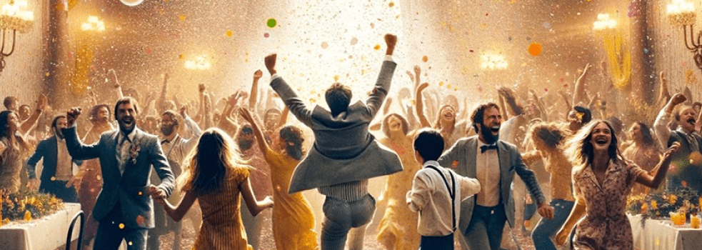 Festlig stämning i ljus lokal där folk dansar och hoppar i confetti