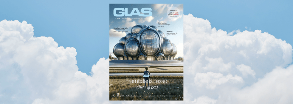 Omslaget till Glas nr 2, 2024, mot ljusblå himmel och vita moln