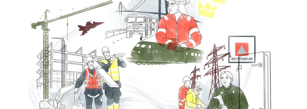 Illustration av byggarbetsplatser under totalförsvar