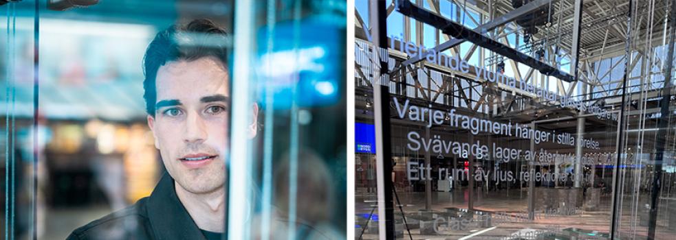 Bildmontage. Till vänster en man med mörkt hår bakom glas. Till höger en glasskiva med text på.