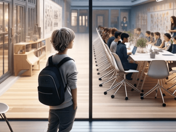En pojke tittar in till ett klassrum genom en glasvägg