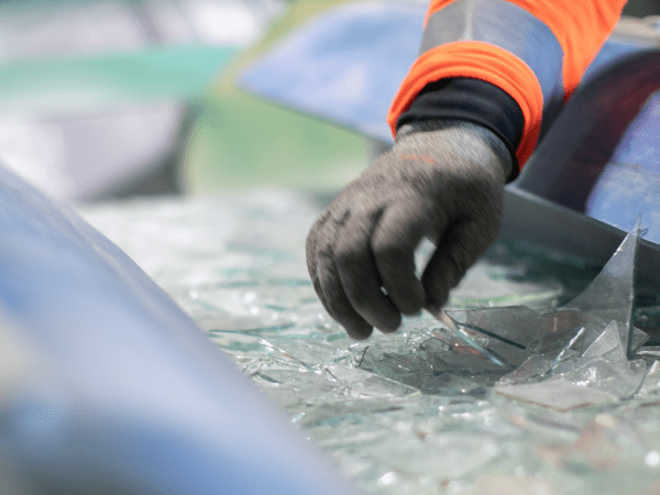 Hand med handske bland glaskross