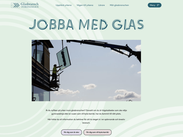 startsidan med JOBBA ME GLAS och en bild på montör