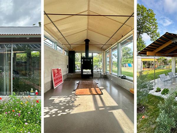 Bildmontage. Tre bilder som visar på glasfasaden.