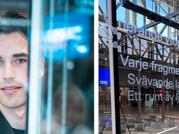 Bildmontage. Till vänster en man med mörkt hår bakom glas. Till höger en glasskiva med text på.