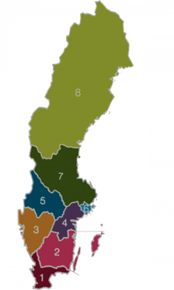 En Sverigekarta som visar föreningens sju distrikt
