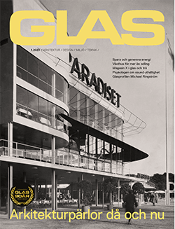 Omslag tidningen GLAS jubileumsnummer med svartvit bild på glasafasad