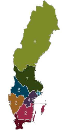 En Sverigekarta som visar föreningens sju distrikt