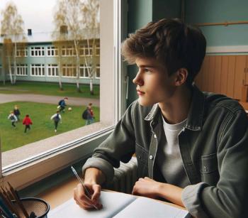En pojke tittar ut på en skolgård från ett klassrum. Han sitter och skriver i ett anteckningsblock.